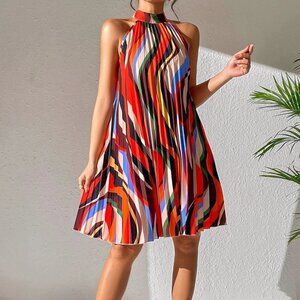 Multicolor Boho Womens Keyhole Back Halter Neck Pleated Detail Dress
